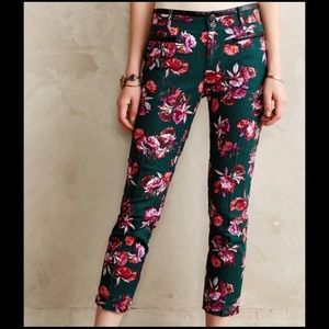 Anthropologie Dark Green Floral Trousers